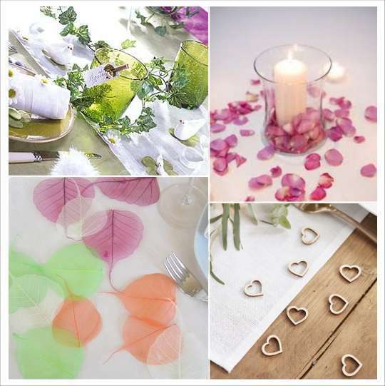 decoration table mariage confettis table coeur bois petales lierre feuilles squelette