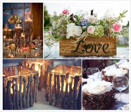 mariage rustique champêtre centre de table vase et branchage caisse en bois nid