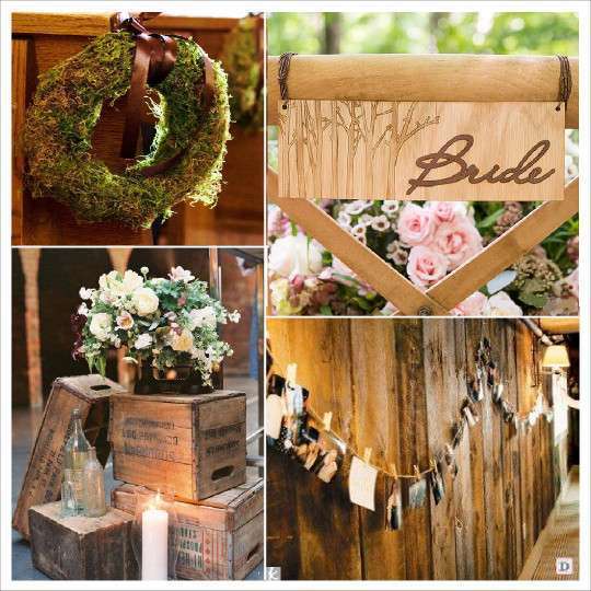mariage rustique champêtre decoration de salle couronne champetre pancarte photo caisse en boisde chaise en bois