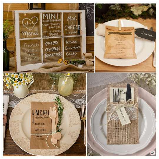 mariage rustique champêtre menu sur fenêtre menu sur sac en papier personnalisé pochette en toile de jute