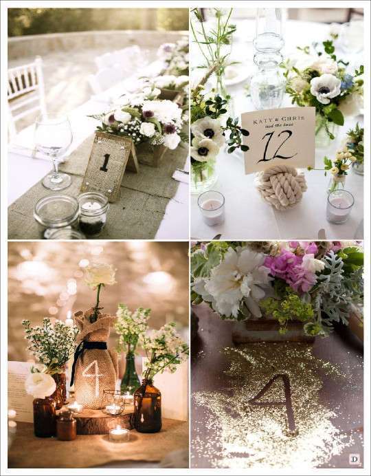 Door number table name burlap bag bottle bow sailor glitter on table porte numero table nom toile de jute sac bouteille noeud marin paillettes sur nappe
