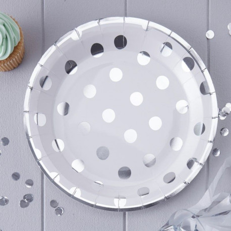 Les 8 assiettes blanches à pois argent Les 8 assiettes blanches à pois argent