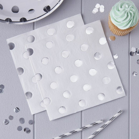 Les 20 serviettes blanches à pois argent Les 20 serviettes blanches à pois argent