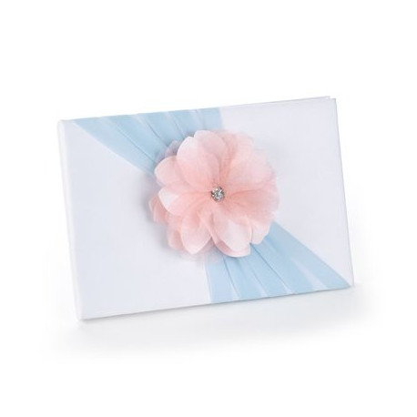 Le livre d'or fleur rose sur ruban bleu Le livre d'or fleur rose sur ruban bleu