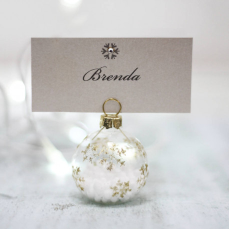 Marque place boule noel dorée avec flocons