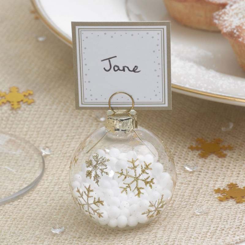 Marque place boule noel dorée avec flocons