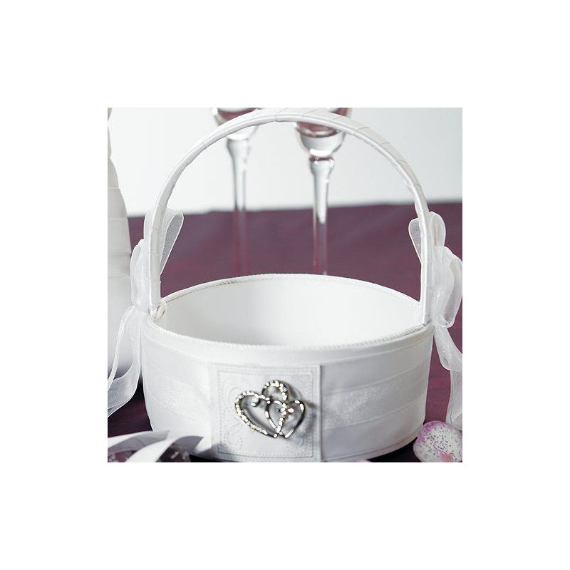 Panier mariage double coeur en satin blanc avec broche pour pétales