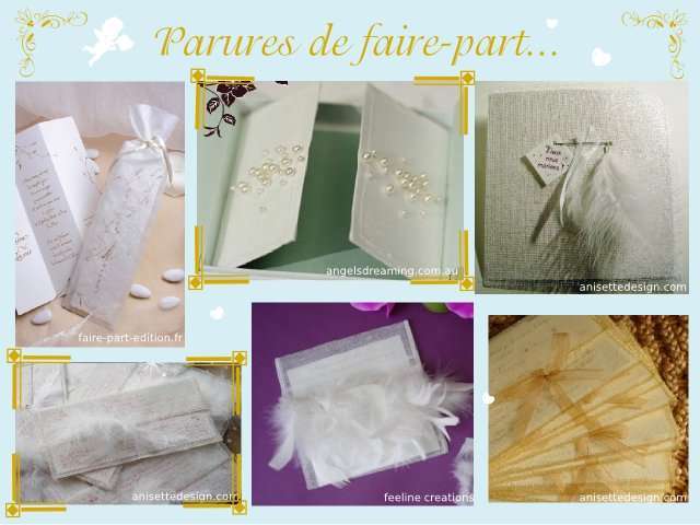   décoration mariage idées thème anges faire part pochette tissu perles brodées tarlatane plume