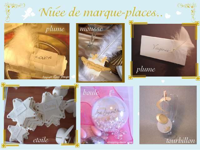   décoration mariage idées thème anges marque place porte nom plumes boule transparente étoile feutrine mousse tourbillon 