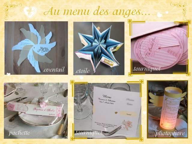   décoration mariage idées thème anges menu éventail ailes étoile tourniquet disque tournant  menu photophore