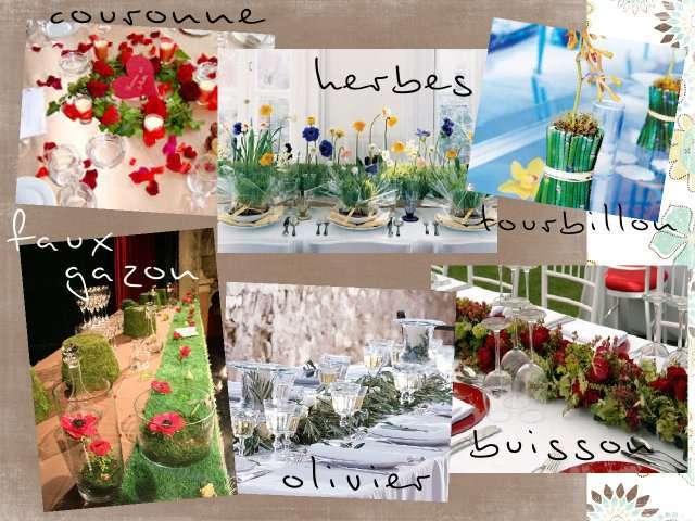 centre de table mariage couronne de fleurs faux gazon en chemin de table tourbillon branches d'olivier buisson pot de fleurs