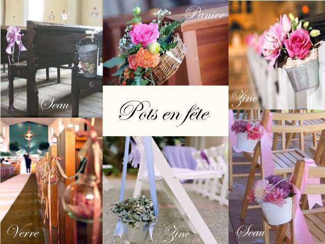 decoration chaise bancs d'eglise  mariage composition florale seau zinc panie vase