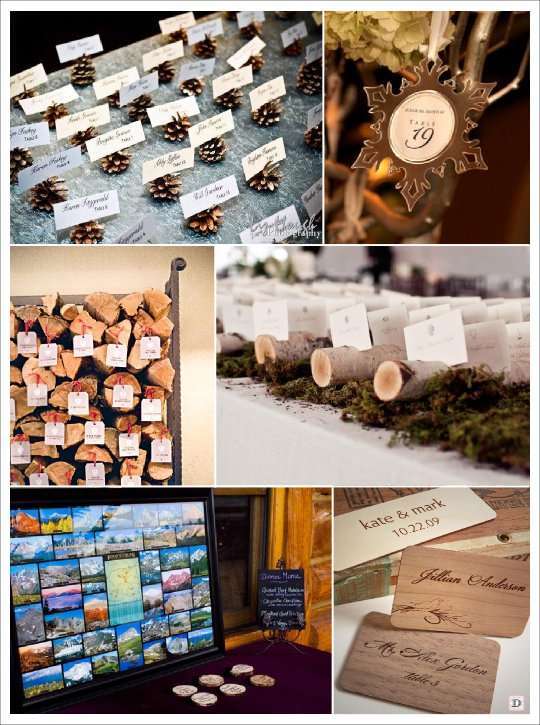 mariage hiver escort cards cartes postales rondin pomme de pin