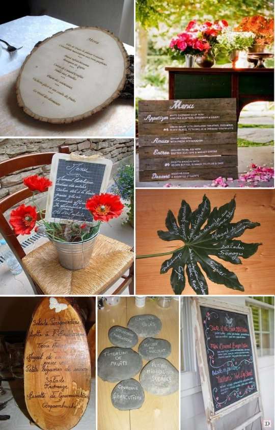 idees_menu_mariage_rondin_bois_vegetal_feuille_galet_ardoise