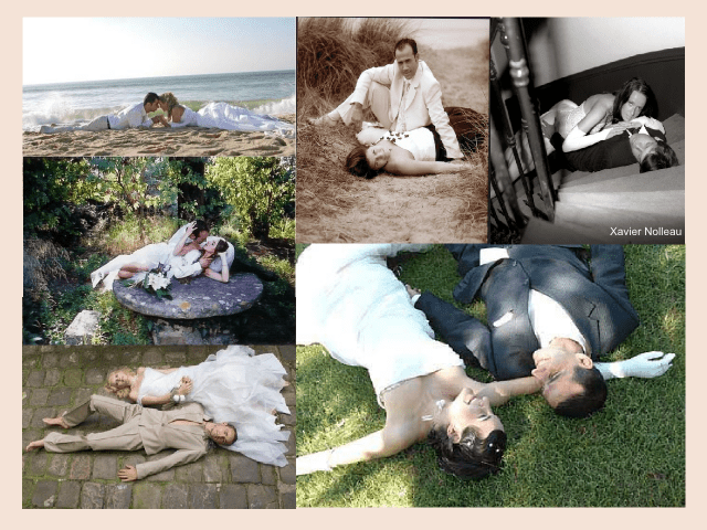 idées photo de mariage couple original pose couchée plage sable pré herbe escalier