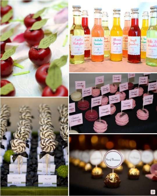 idees_plan_de_table_mariage_escort_card_gourmand_pomme_sucette_macaron_ferrero_bouteille