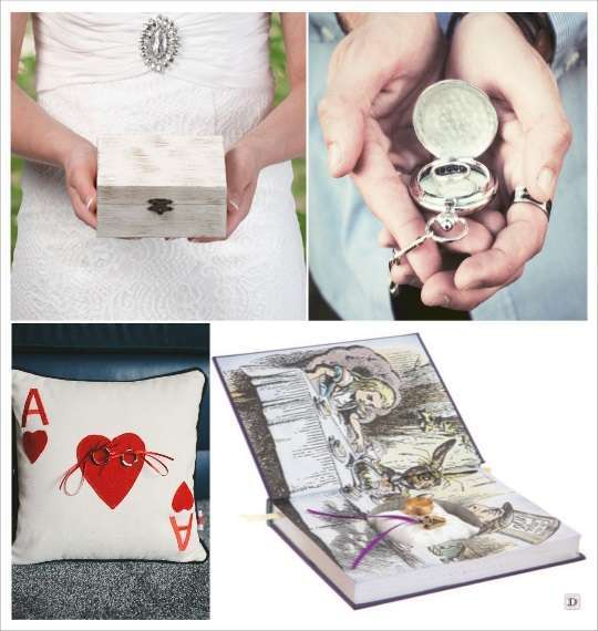 decoration mariage alice au pays des merveilles porte alliances coffret en bois livre montre à gousset