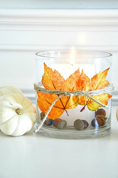 decoration de table automne photophore avec feuille