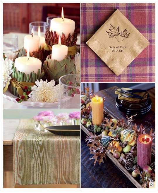 mariage automne decoration table bougie feuilles raison chemin de table bois serviette