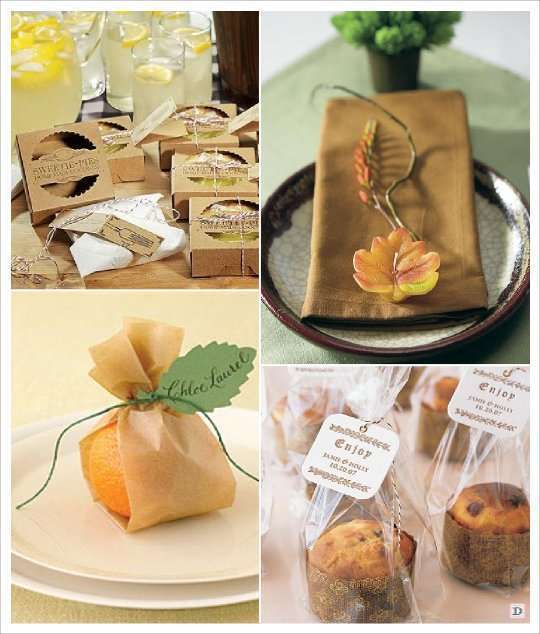 mariage automne cadeaux invités pochon orange tartelette, muffin bougie feuille