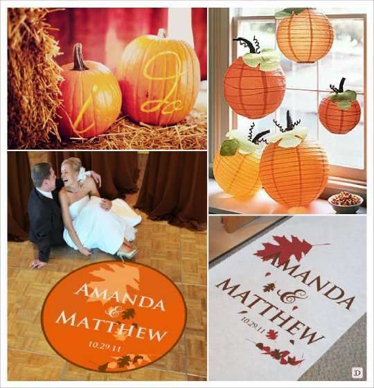 decoration salle mariage automne citrouille initiale, tapis personnalise, sticker sol,decoration plafond lampion