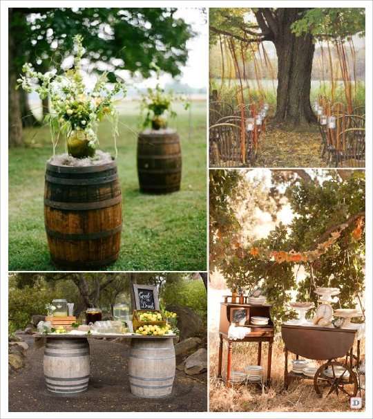 decoration salle mariage automne tonneau barrique ruban arbre