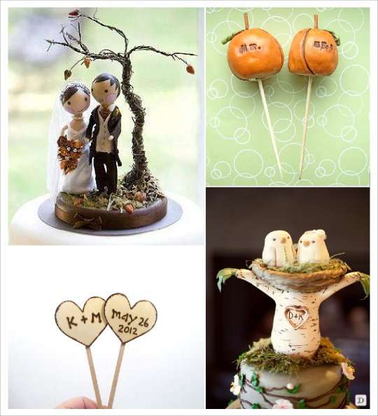 decoration mariage automne figurine gateau oiseaux figurine bois coeur