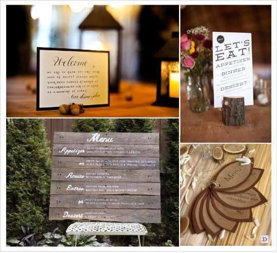 mariage automne menu rondin bois, tronc, menu en éventail, feuille arbre, panneau de bois