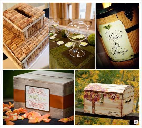mariage automne urne bouchon de liege, coffre en bois,  bocal, tonneau