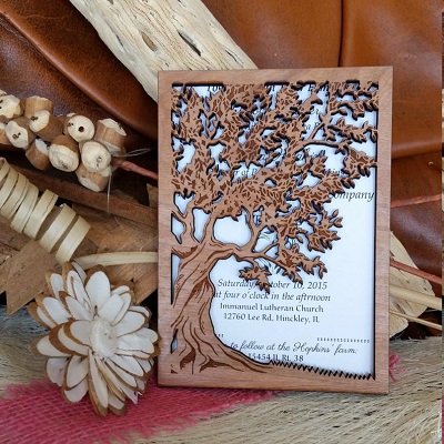 faire part mariage en bois motif arbre ajouré