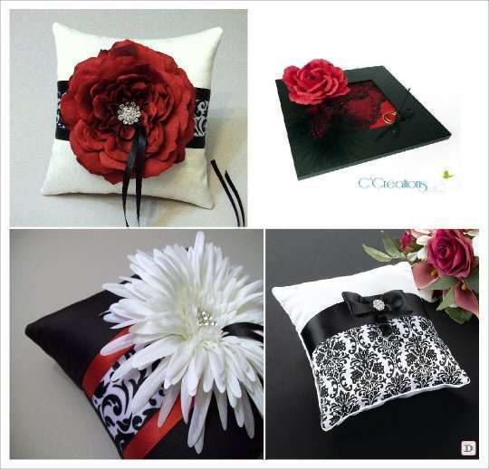 mariage baroque coussin alliances noir et blanc rouge, cadre dentelle