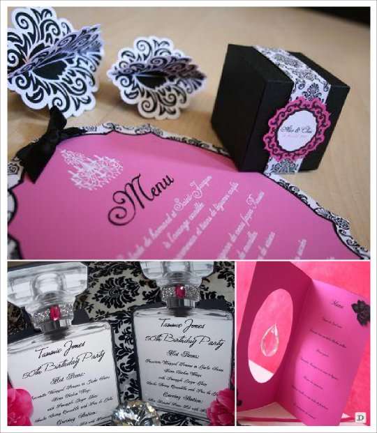 menu mariage baroque  cadre bouteille parfum carte ajouree cristal