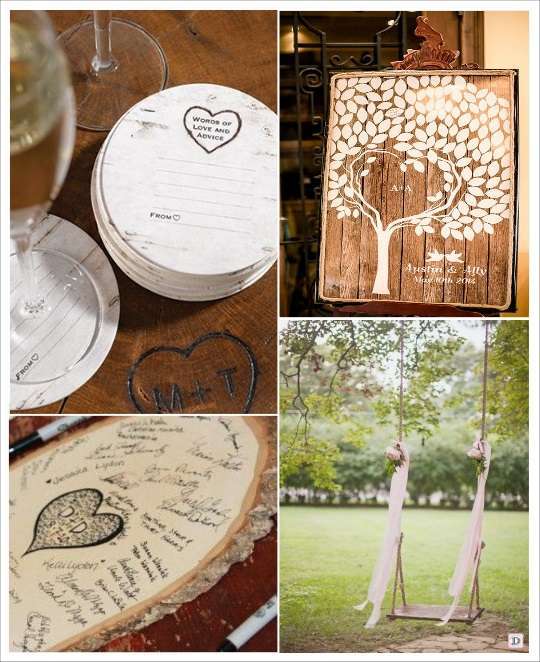 decoration mariage bohème livre d'or rondin en bois balancoire arbre à signatures dessous de verre écorce