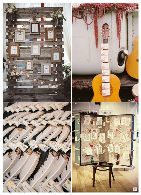 decoration mariage boheme plan de table escort cards palette en bois guitare malle valise