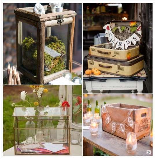 decoration mariage bohème urne tirelire en bois valise terrarium caisse en bois