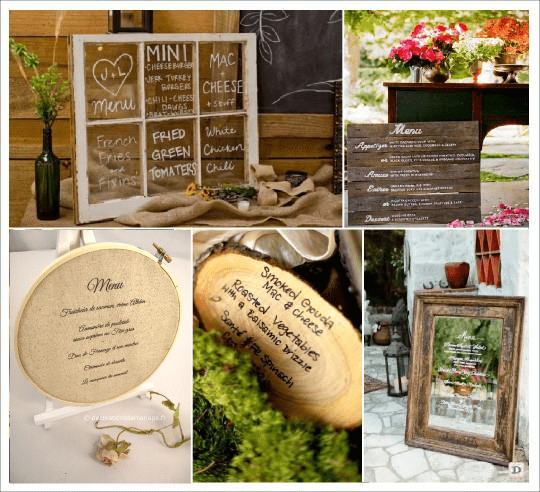 decoration mariage vintage menu tambour a broder rondin bois fenêtre panneau