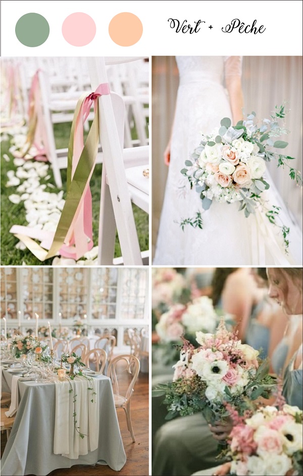décoration de mariage en vert sage pêche et rose ambiance romantique garden party
