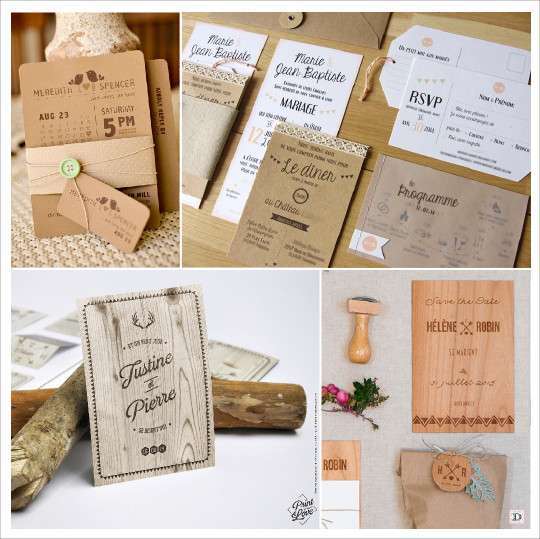 faire part mariage rustique kraft bouton couture bois