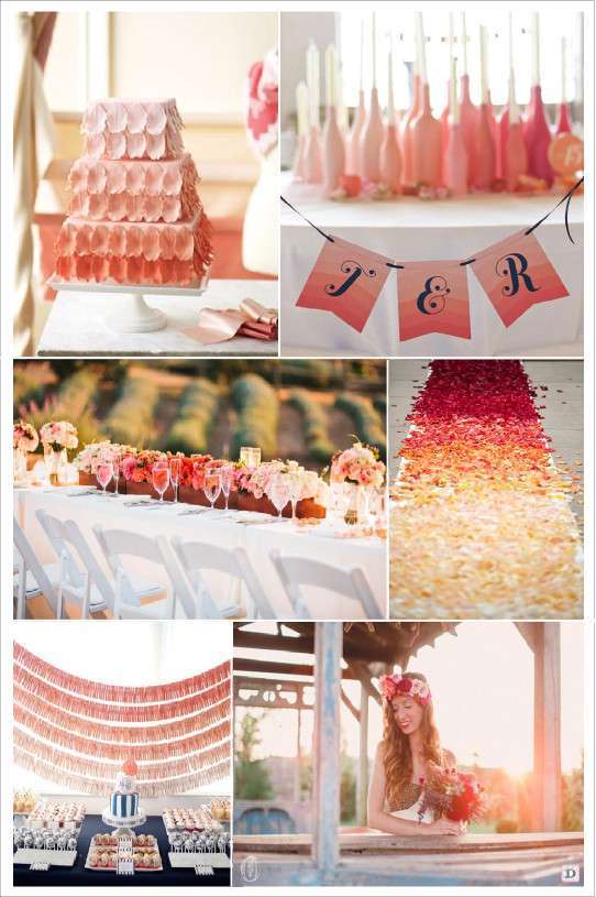 decoration mariage tie and dye rose pêche cantre de table gateau pièce montée pétales sur le sol banderole