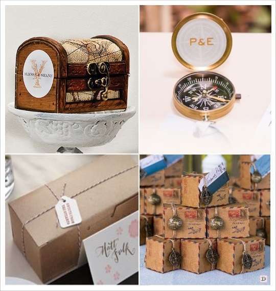 cadeaux inivtes mariage voyage coffre en bois boussole boite dragées kraft