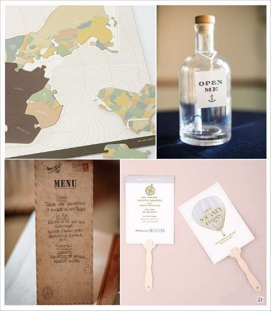 carte menu decoration mariage voyage bouteille eventail puzzle carte géographique