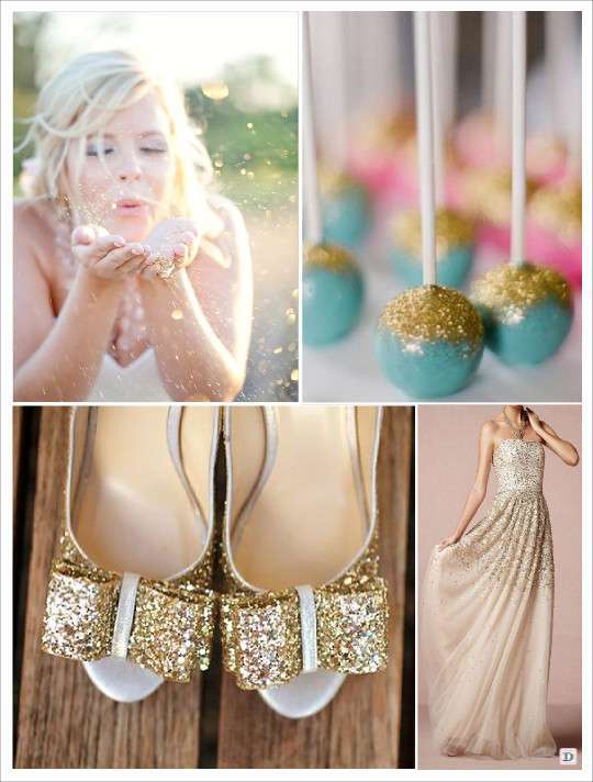 mariage paillette_glitter_or confettis dorés robe de mariées paillette chaussure glitter cake pop pailletté