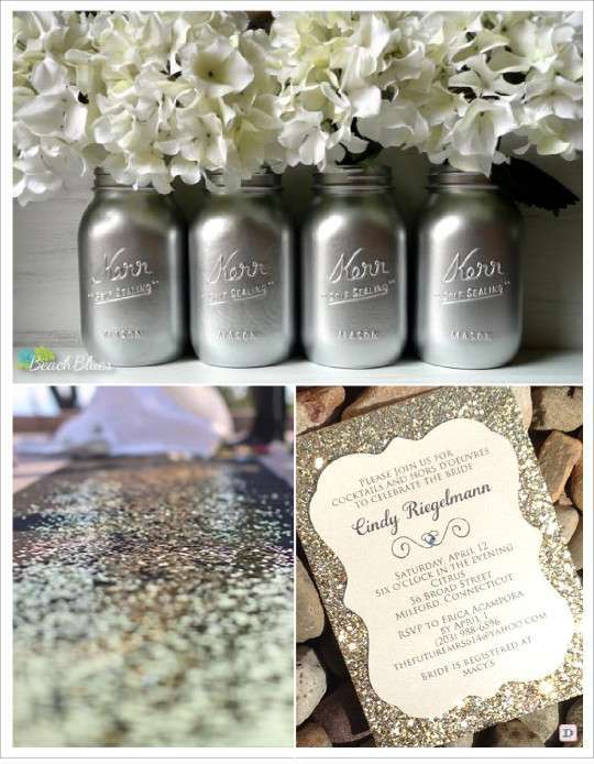 mariage paillette glitter bouteille de lait mason jar peinture argent faire part glitter tapis_eglise sequins argent