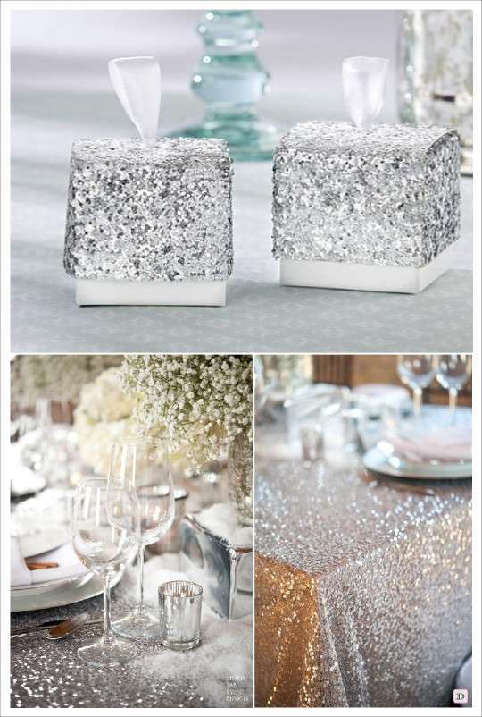 mariage paillette glitter argent boite dragées nappe sequins argent photophore verre argenté