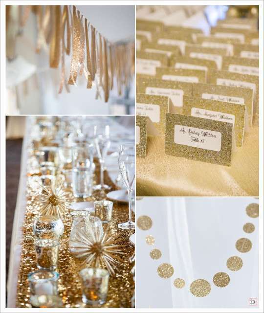 mariage paillette glitter or guirlande de rubans chemin de table sequins dorés guirlande pois or