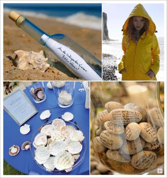 decoration mariage mer livre dor bouteille cire galet coquillage
