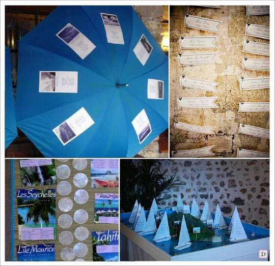 decoration mariage mer plan de table parasol planisphere natte plage