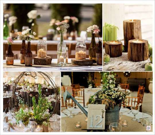 mariage rustique champêtre centre de table bouteille en verre branchage arrosoir bougeoir rondin de bois