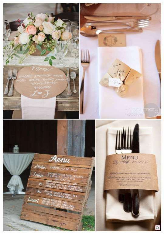mariage rustique champêtre menu sur set de table kraft cocotte en papier gravure sur planche de bois rond de serviette