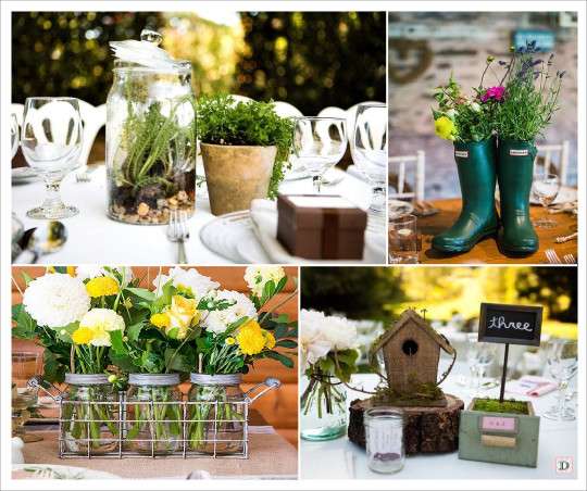 mariage rustique centre de table mini serre terrarium nichoir botte caoutchouc cagette en fer